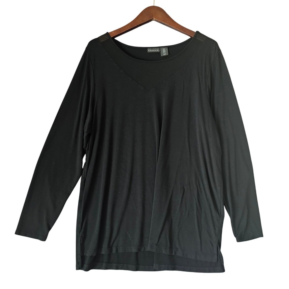 Tahari Black Long Sleeve‎ Top Sheer @ Scoop Neckline Plus Size 1X Women's